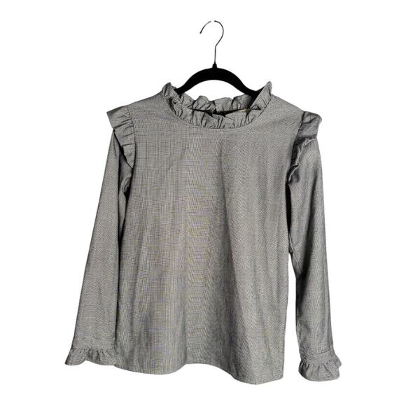 Mademoiselle d Black Houndstooth Print Long Sleeve High Neck Blouse Ruffle Sz 12 - Picture 1 of 8